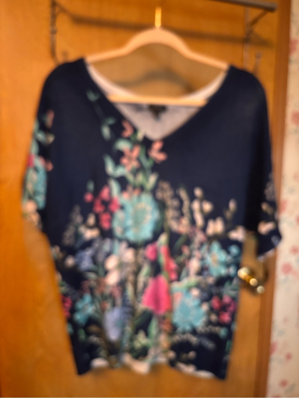 Womens Navy Floral V-Neck Top